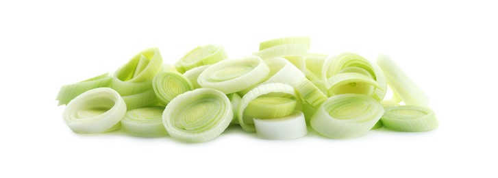 Photo of Pieces of fresh leek isolated on white