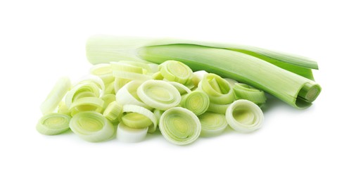 Photo of Whole and cut fresh leeks isolated on white