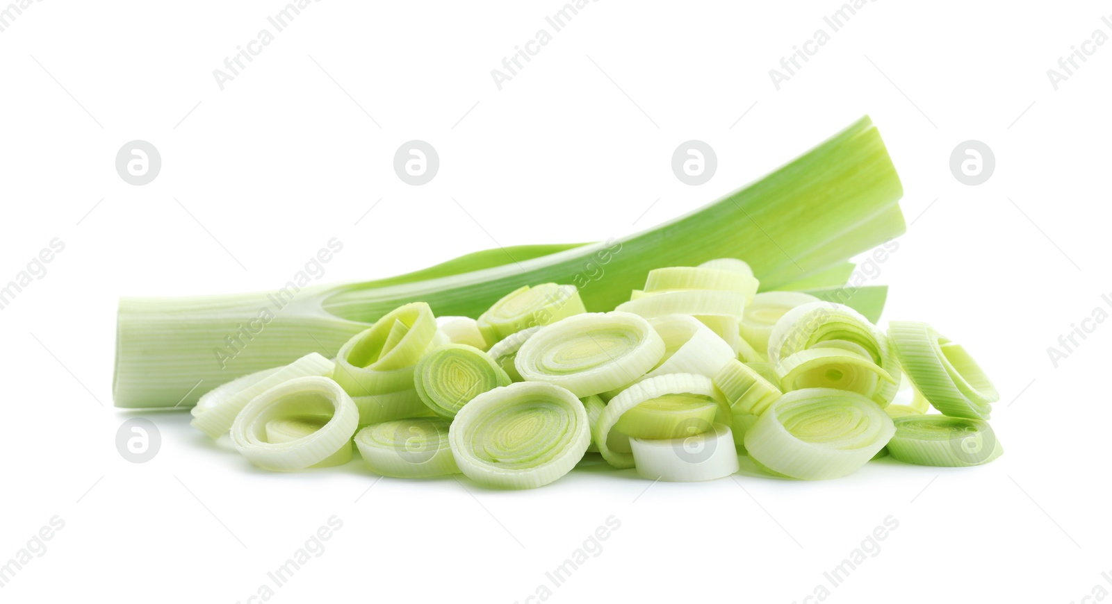 Photo of Whole and cut fresh leeks isolated on white