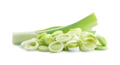 Photo of Whole and cut fresh leeks isolated on white