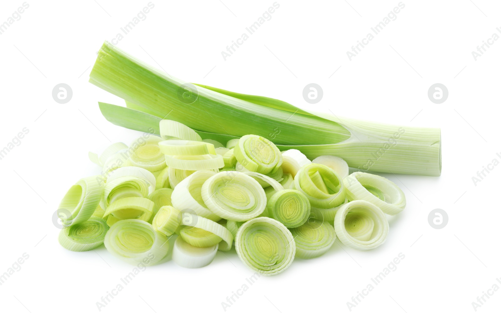 Photo of Whole and cut fresh leeks isolated on white