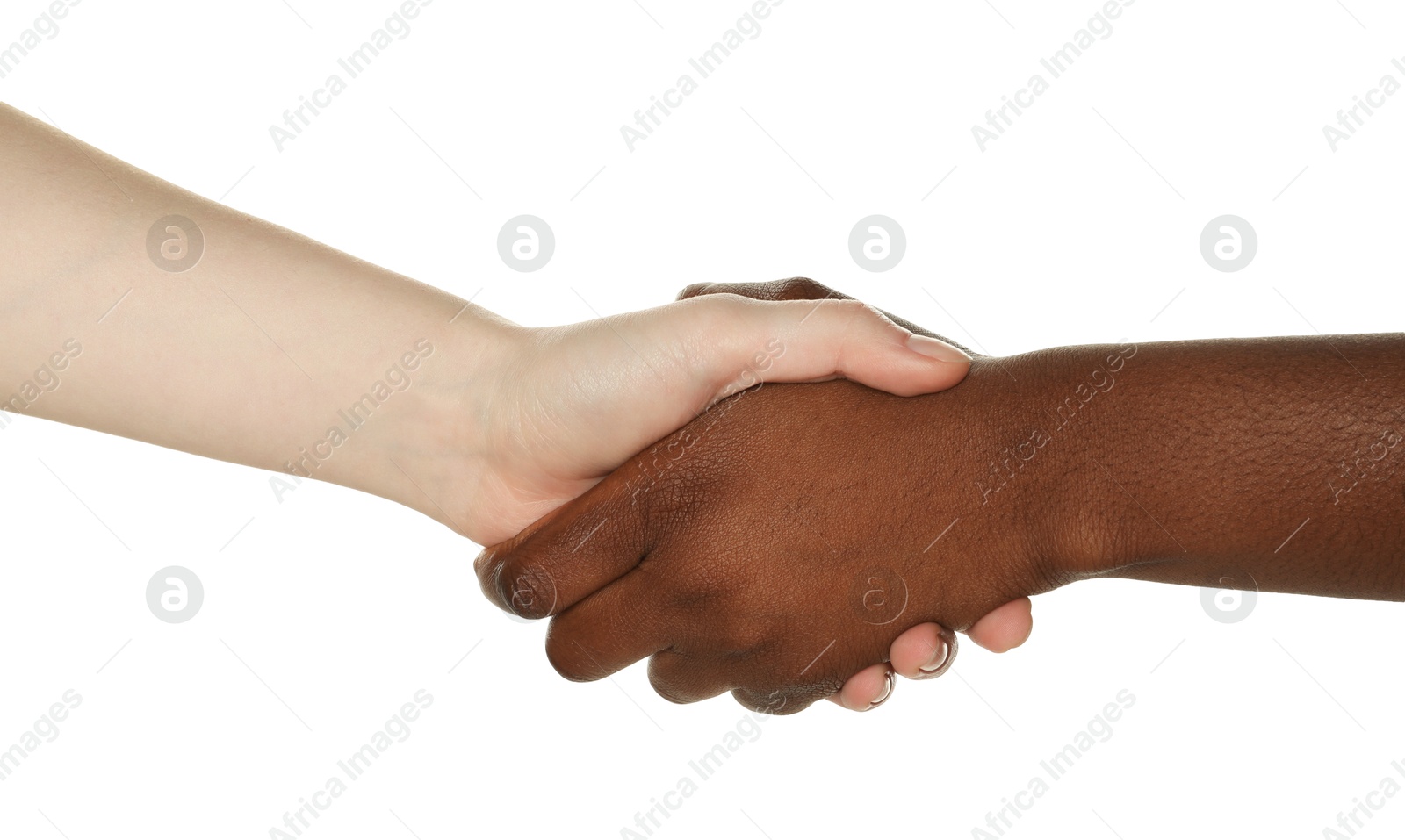 Photo of Stop racism. People of different skin colors shaking hands on white background, closeup