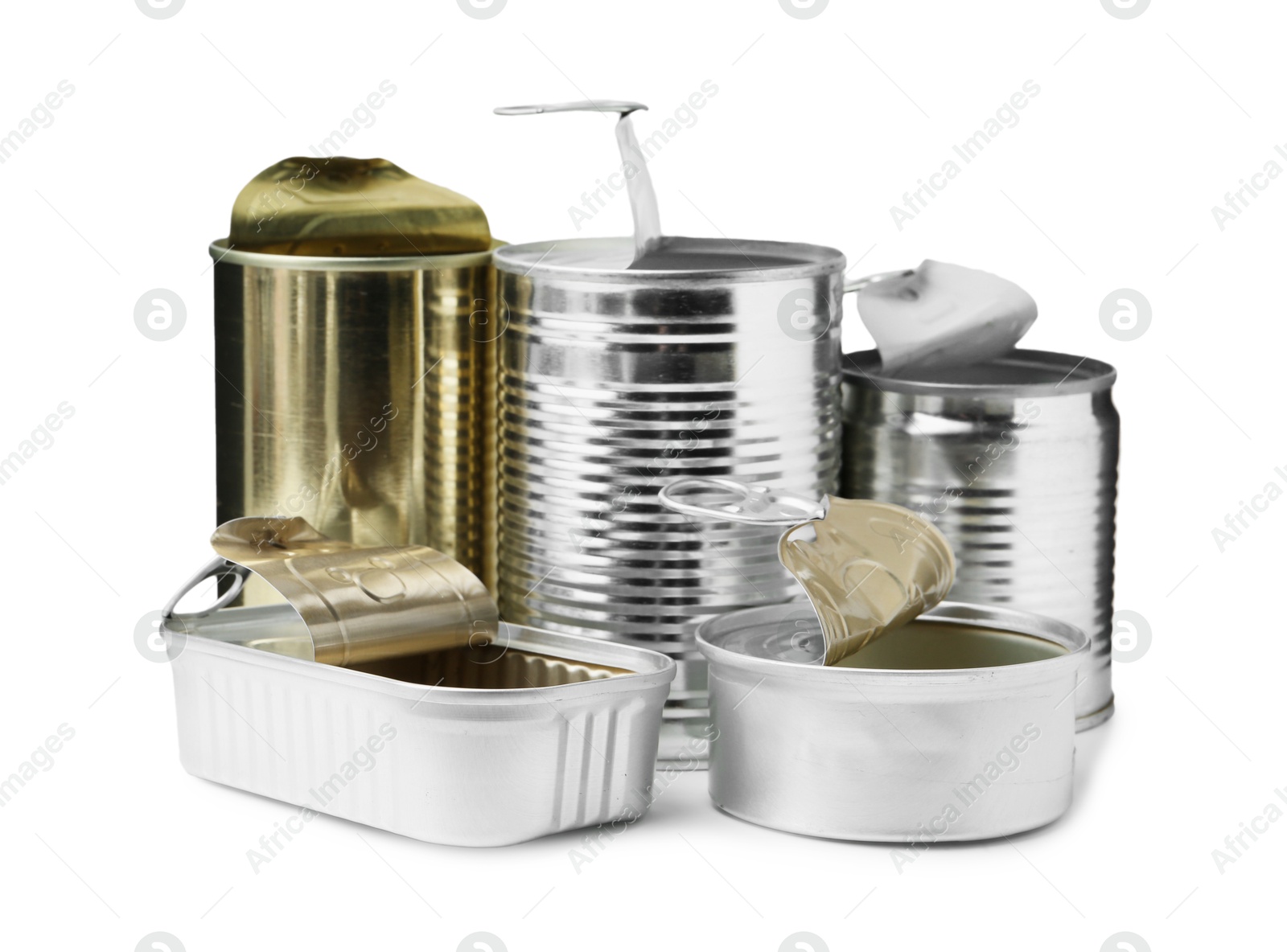 Photo of Many open tin cans isolated on white