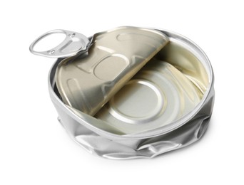 Photo of One crumpled tin can isolated on white