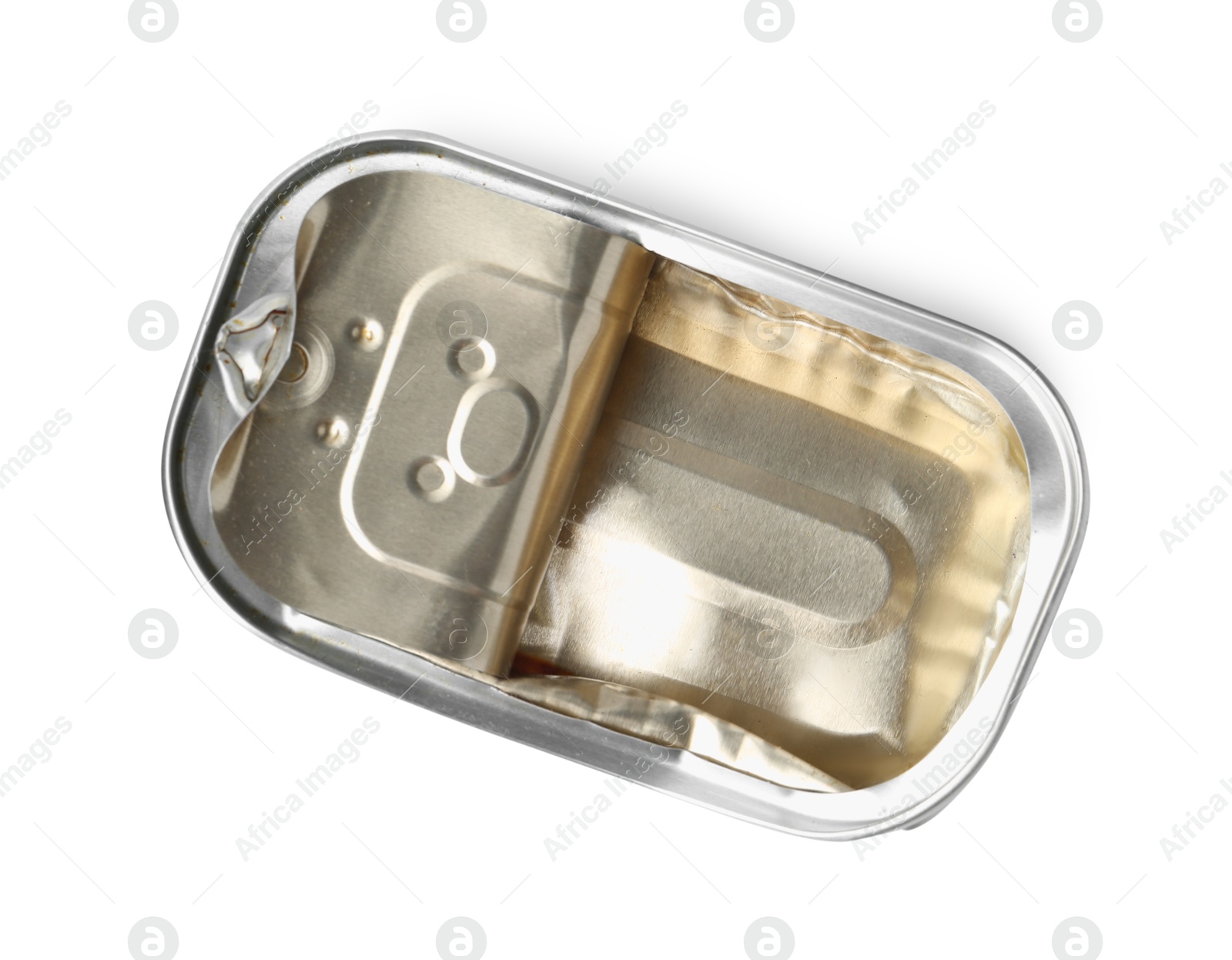 Photo of One crumpled tin can isolated on white, top view