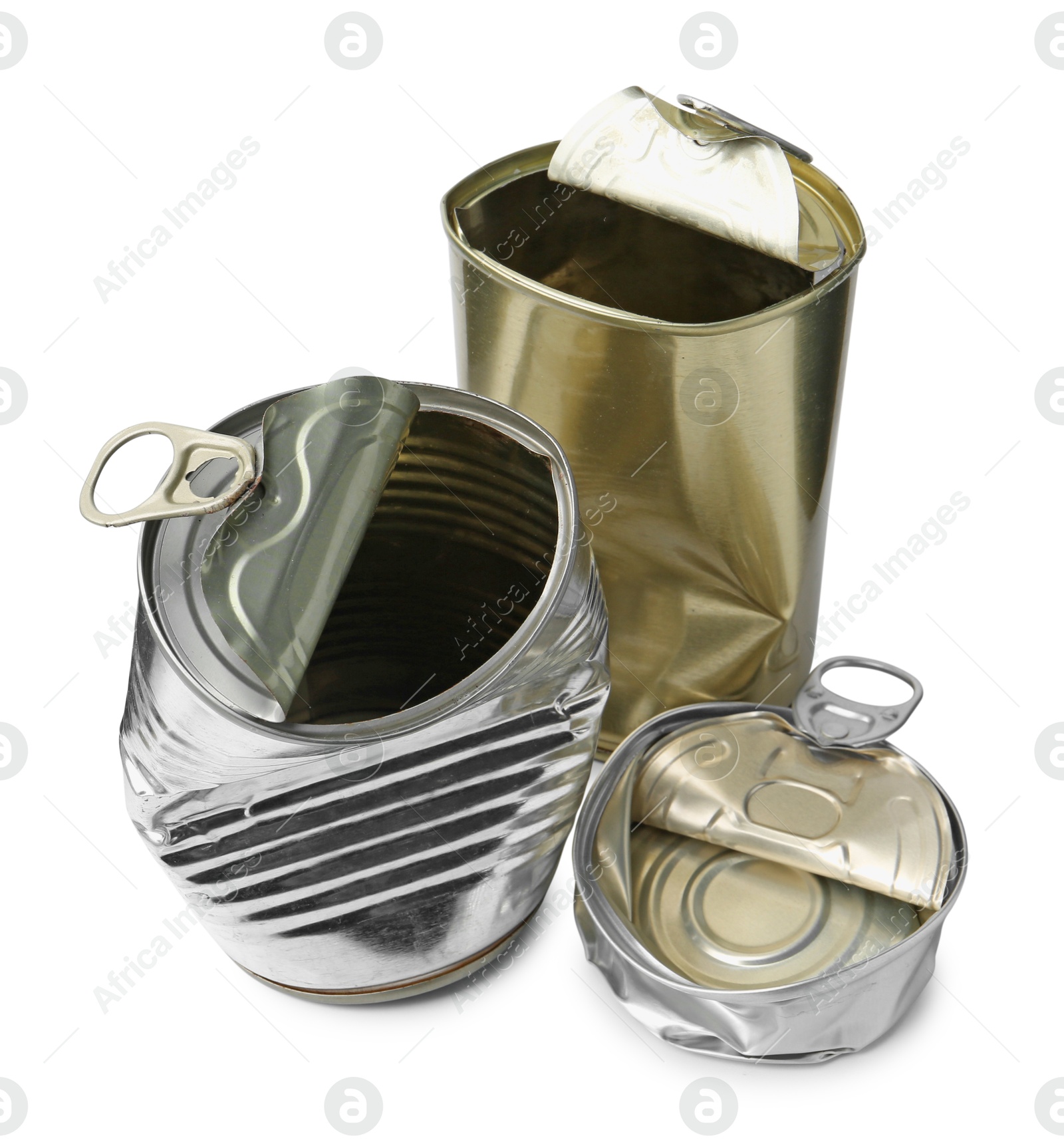 Photo of Three crumpled tin cans isolated on white