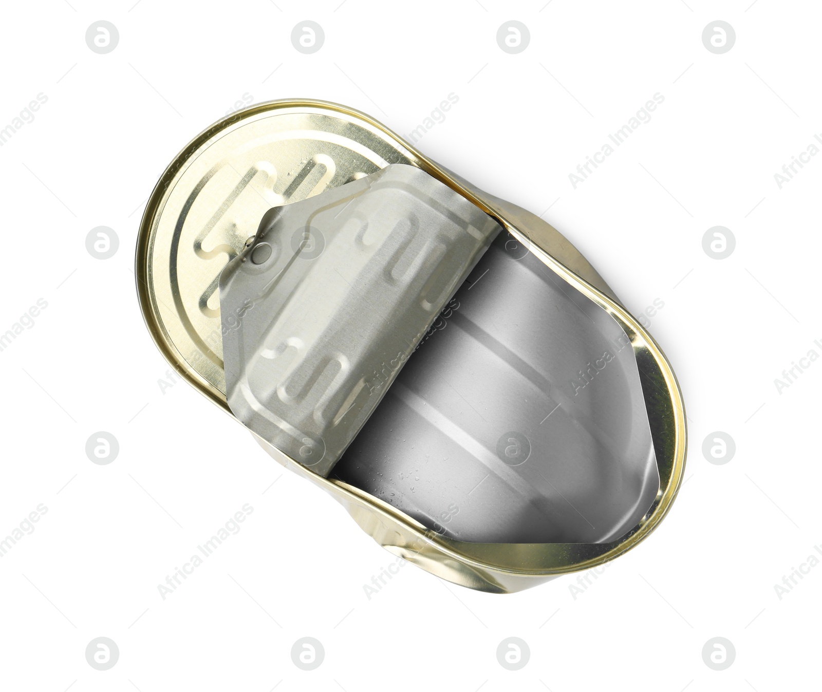 Photo of One crumpled tin can isolated on white, top view