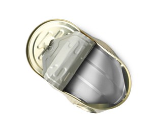 Photo of One crumpled tin can isolated on white, top view