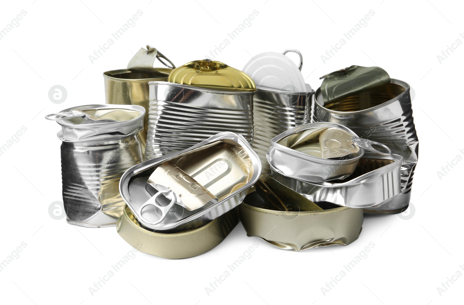 Photo of Many crumpled tin cans isolated on white