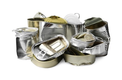 Photo of Many crumpled tin cans isolated on white