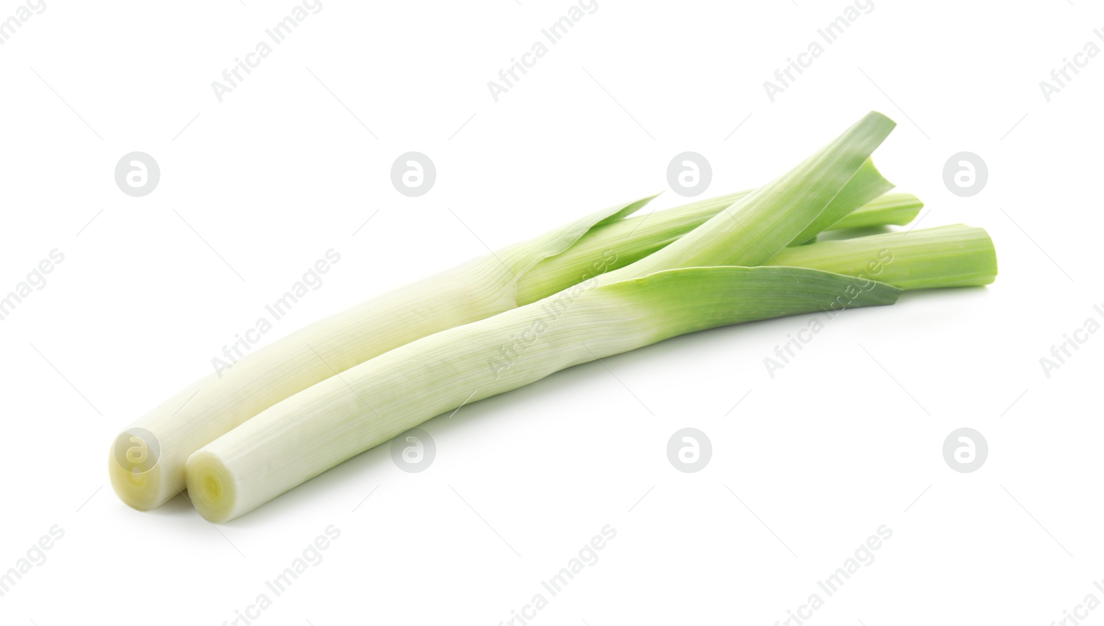 Photo of Fresh leeks isolated on white. Spicy vegetable