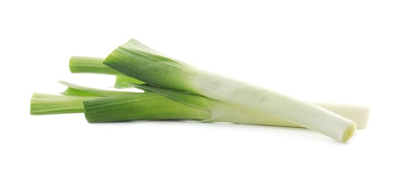 Photo of Fresh leeks isolated on white. Spicy vegetable