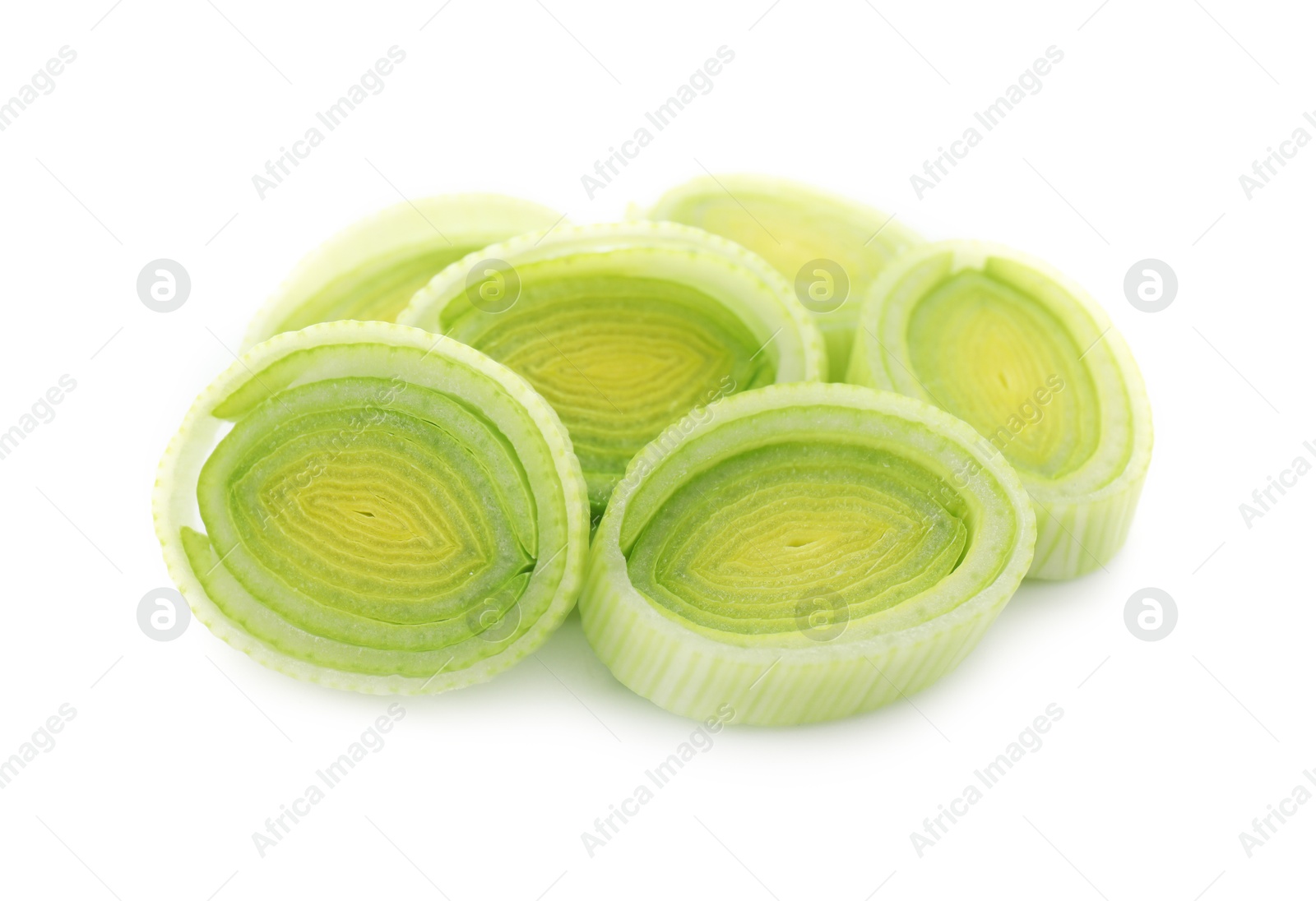 Photo of Pieces of chopped leek isolated on white