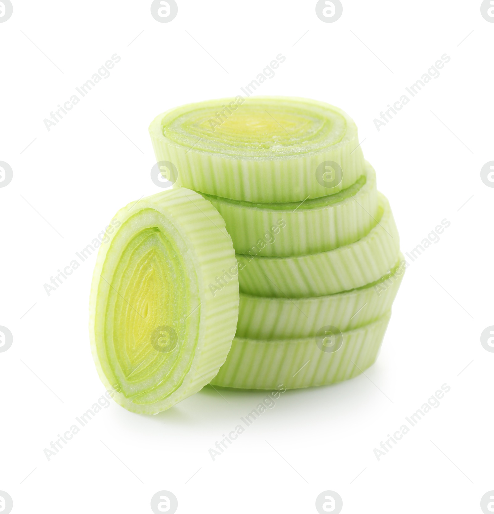 Photo of Pieces of chopped leek isolated on white