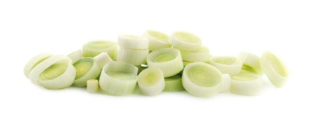 Photo of Pieces of fresh leeks isolated on white