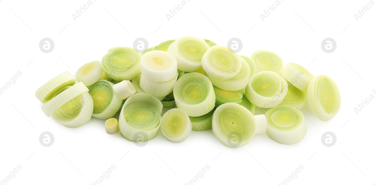 Photo of Pieces of fresh leeks isolated on white