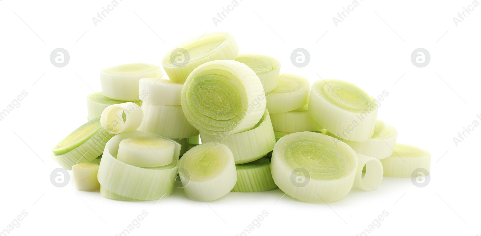 Photo of Pieces of fresh leeks isolated on white