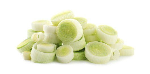 Photo of Pieces of fresh leeks isolated on white