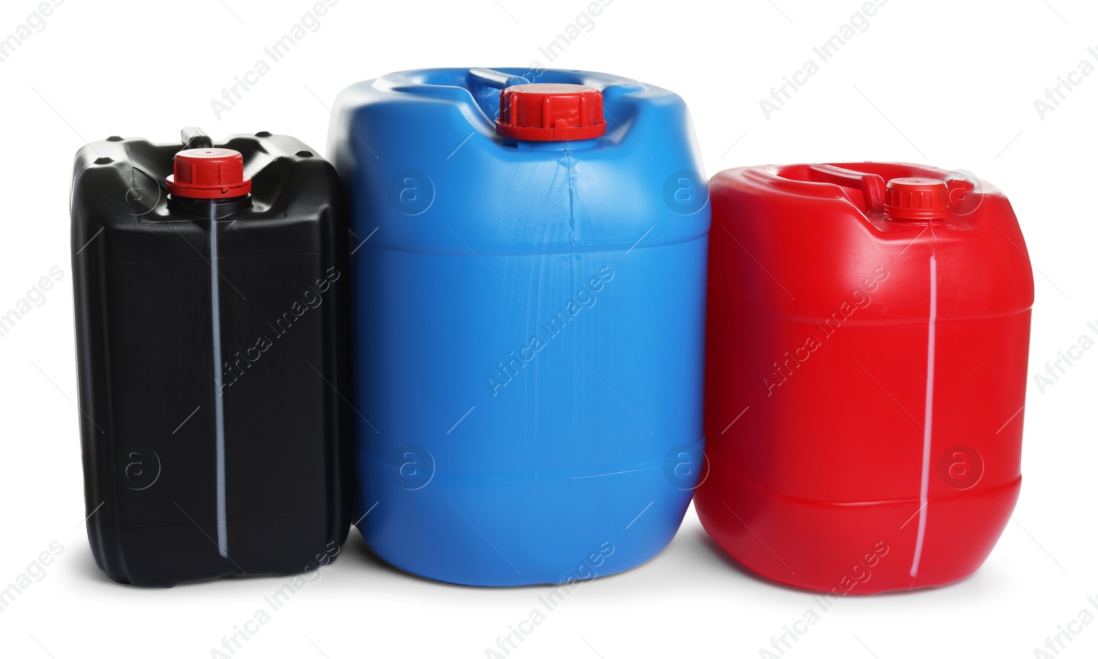 Photo of Three colorful plastic canisters isolated on white