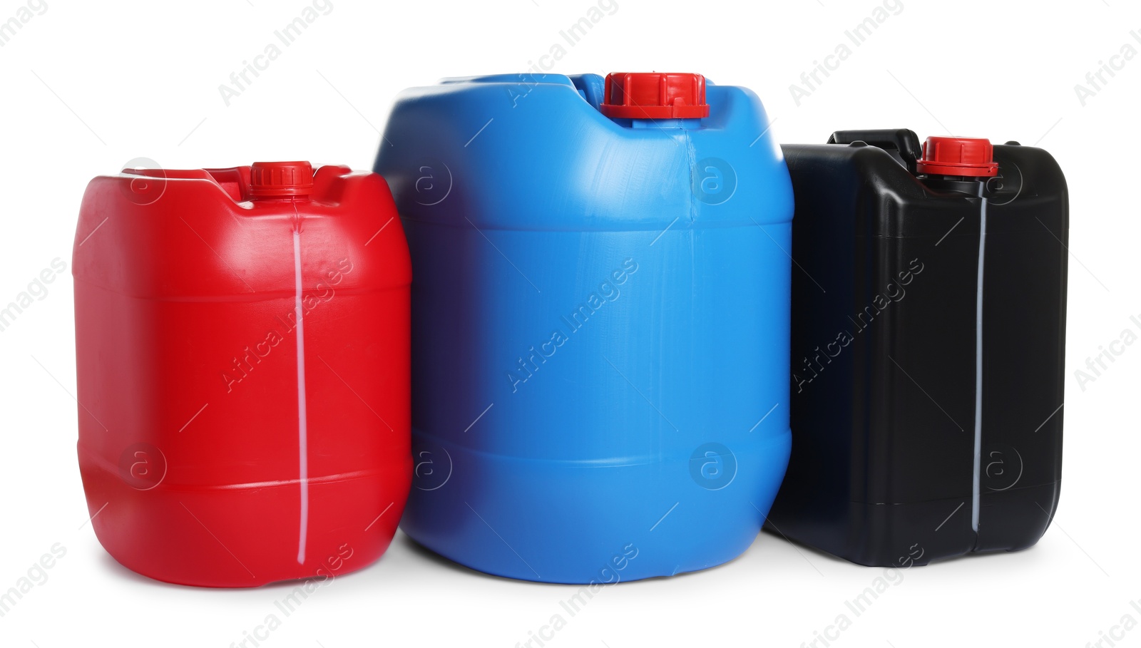 Photo of Three colorful plastic canisters isolated on white