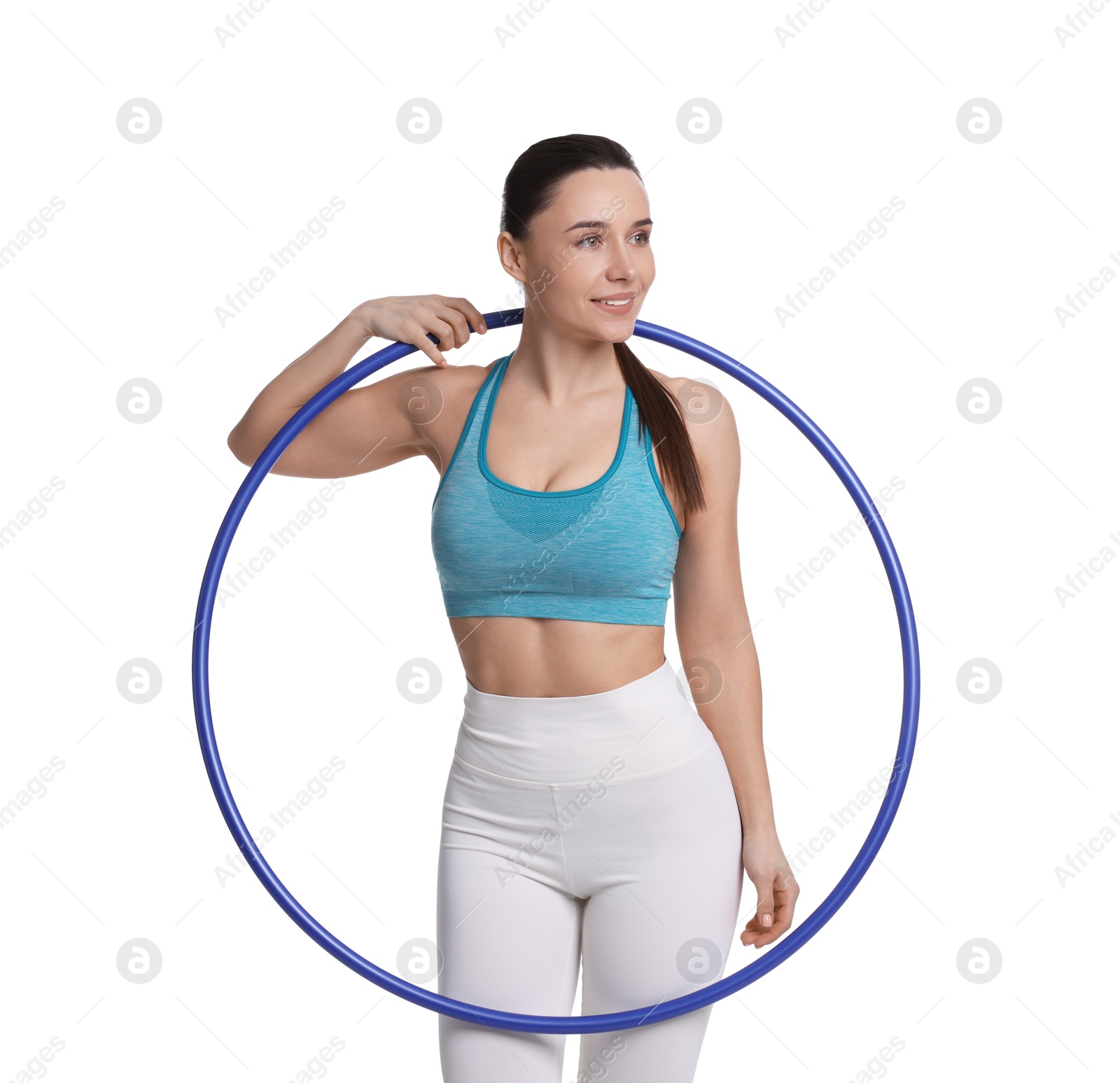 Photo of Smiling woman with hula hoop on white background