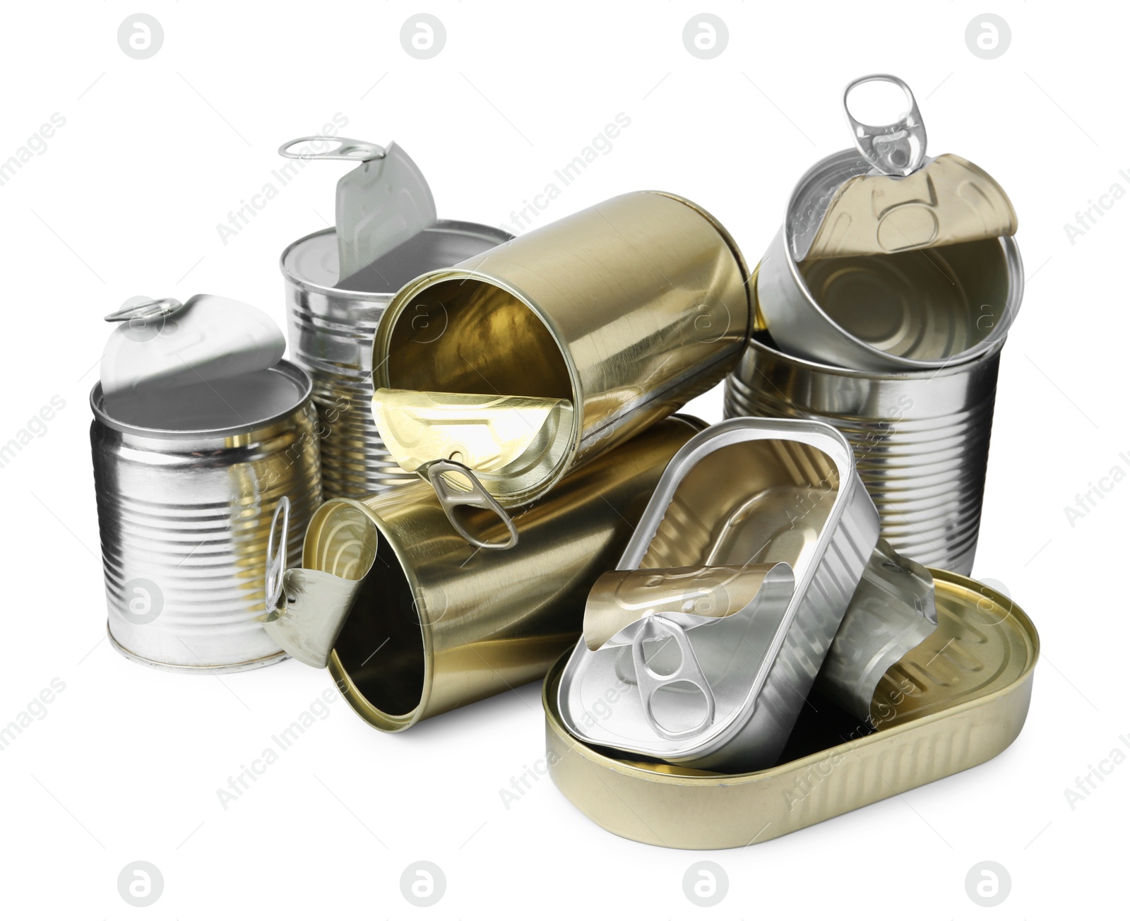 Photo of Many open tin cans isolated on white