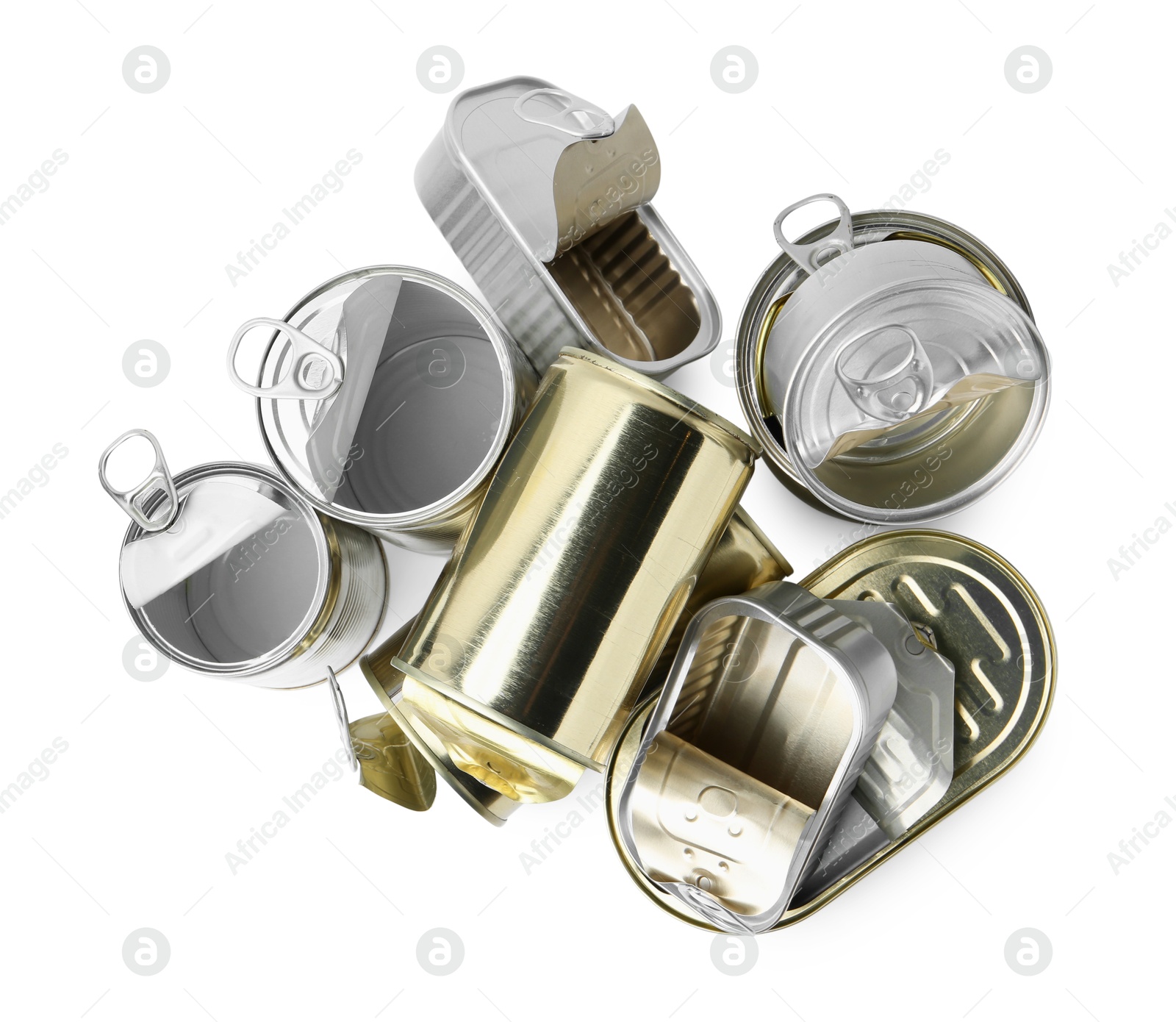 Photo of Many open tin cans isolated on white, top view