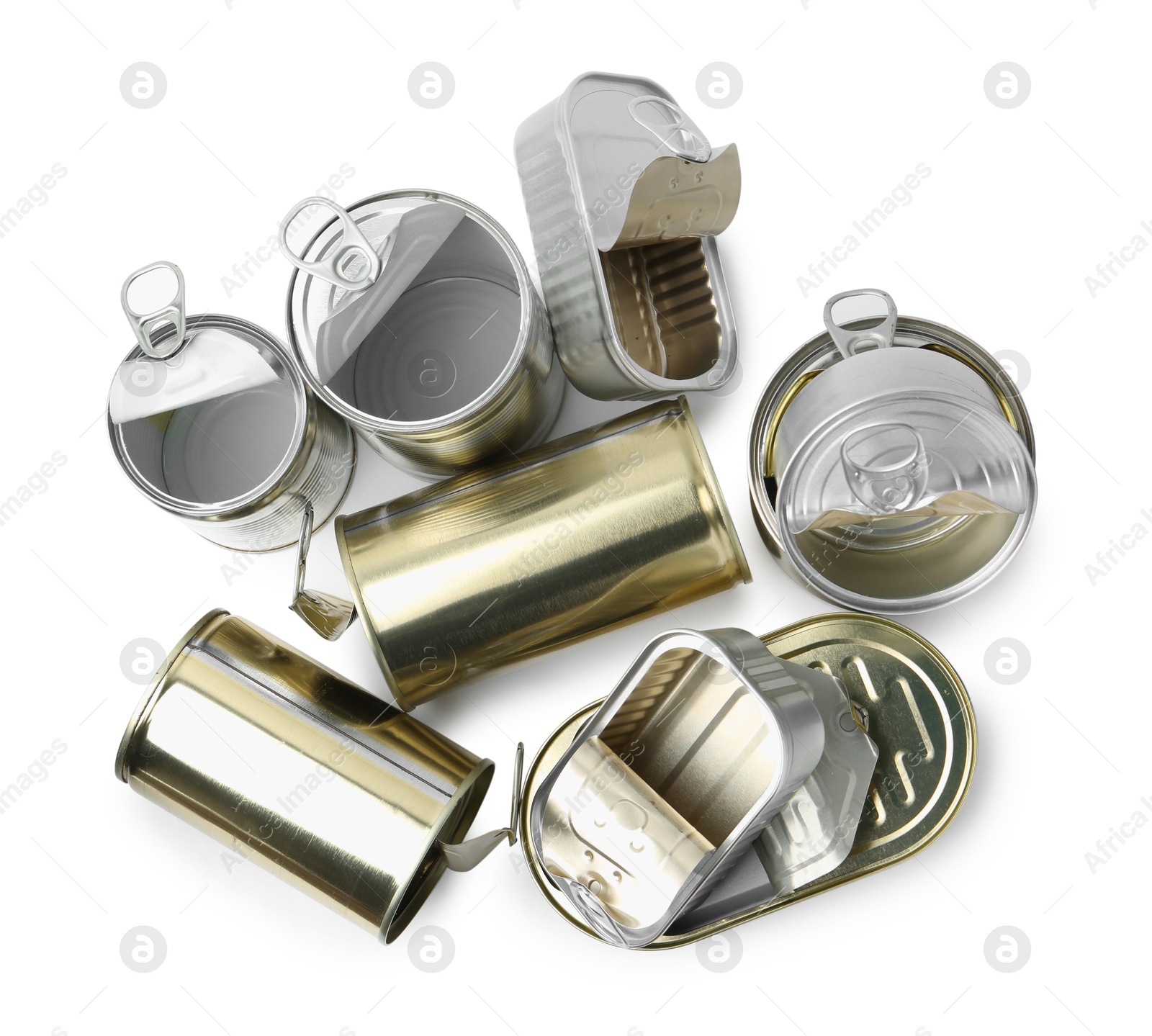 Photo of Many open tin cans isolated on white, top view