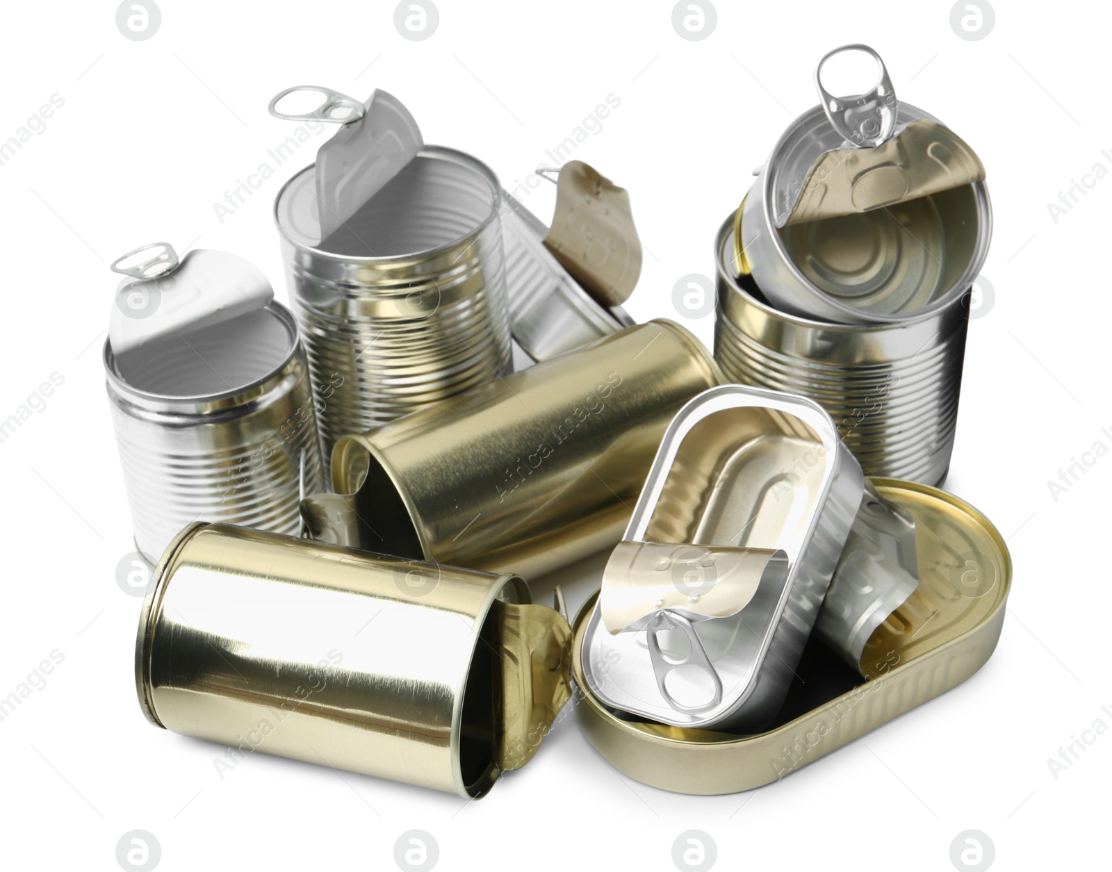 Photo of Many open tin cans isolated on white