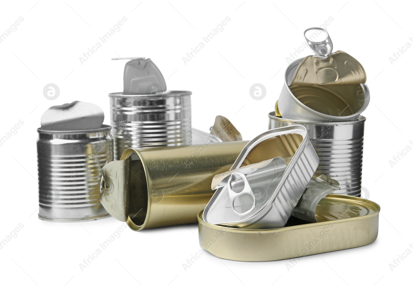 Photo of Many open tin cans isolated on white