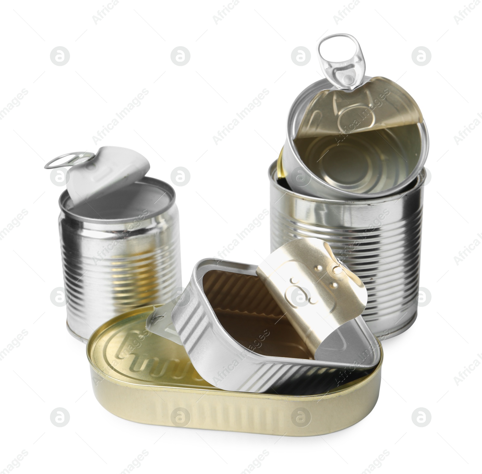 Photo of Many open tin cans isolated on white