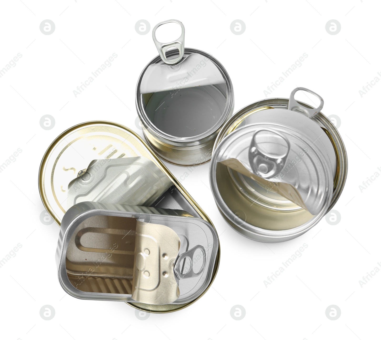 Photo of Many open tin cans isolated on white, top view