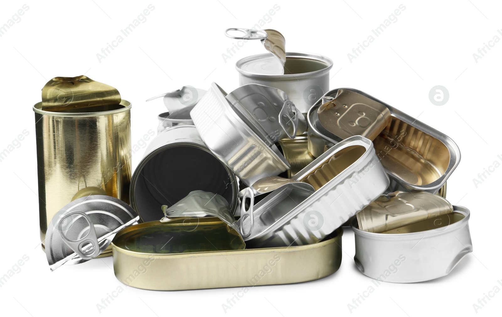 Photo of Many open tin cans isolated on white