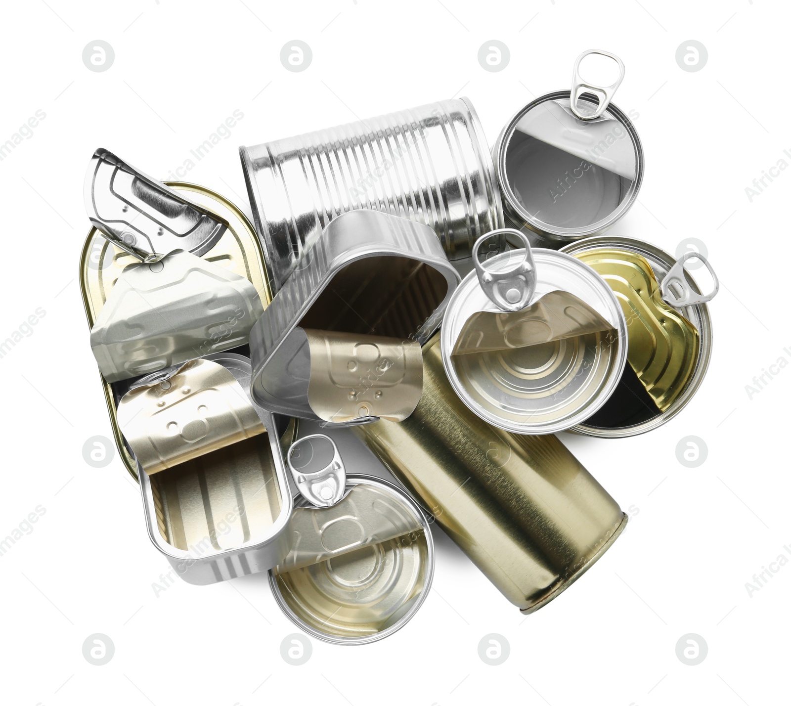 Photo of Many open tin cans isolated on white, top view