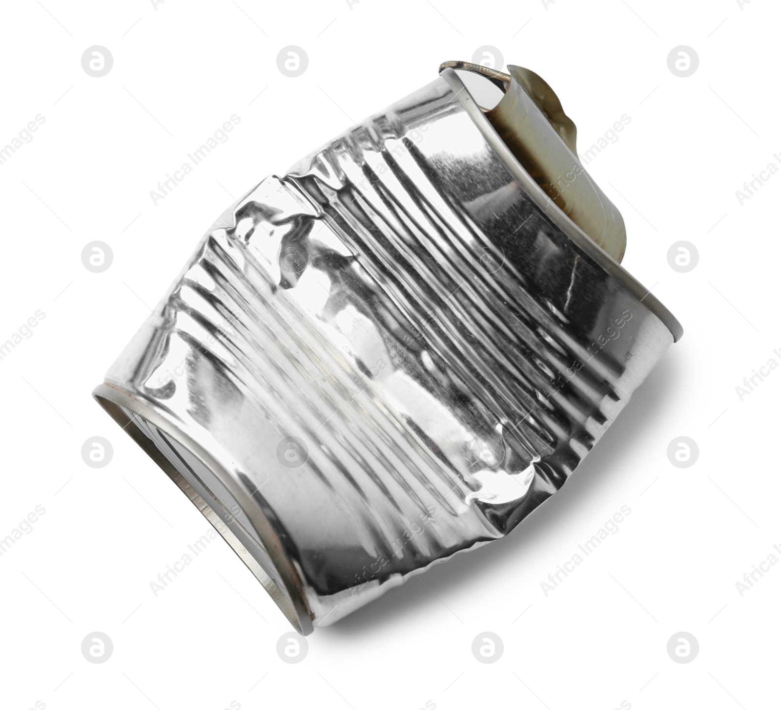 Photo of One crumpled tin can isolated on white, top view