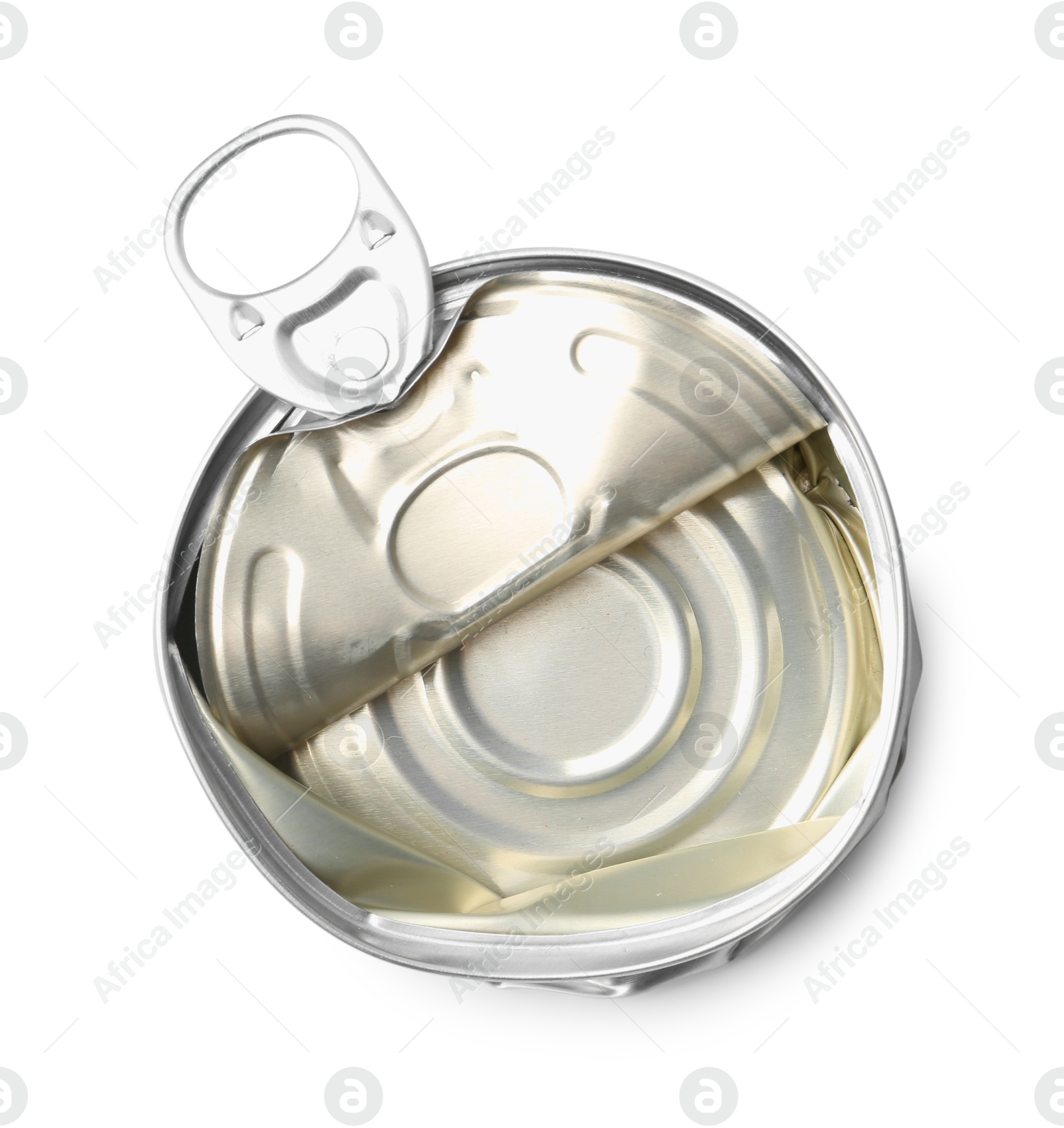 Photo of One crumpled tin can isolated on white, top view