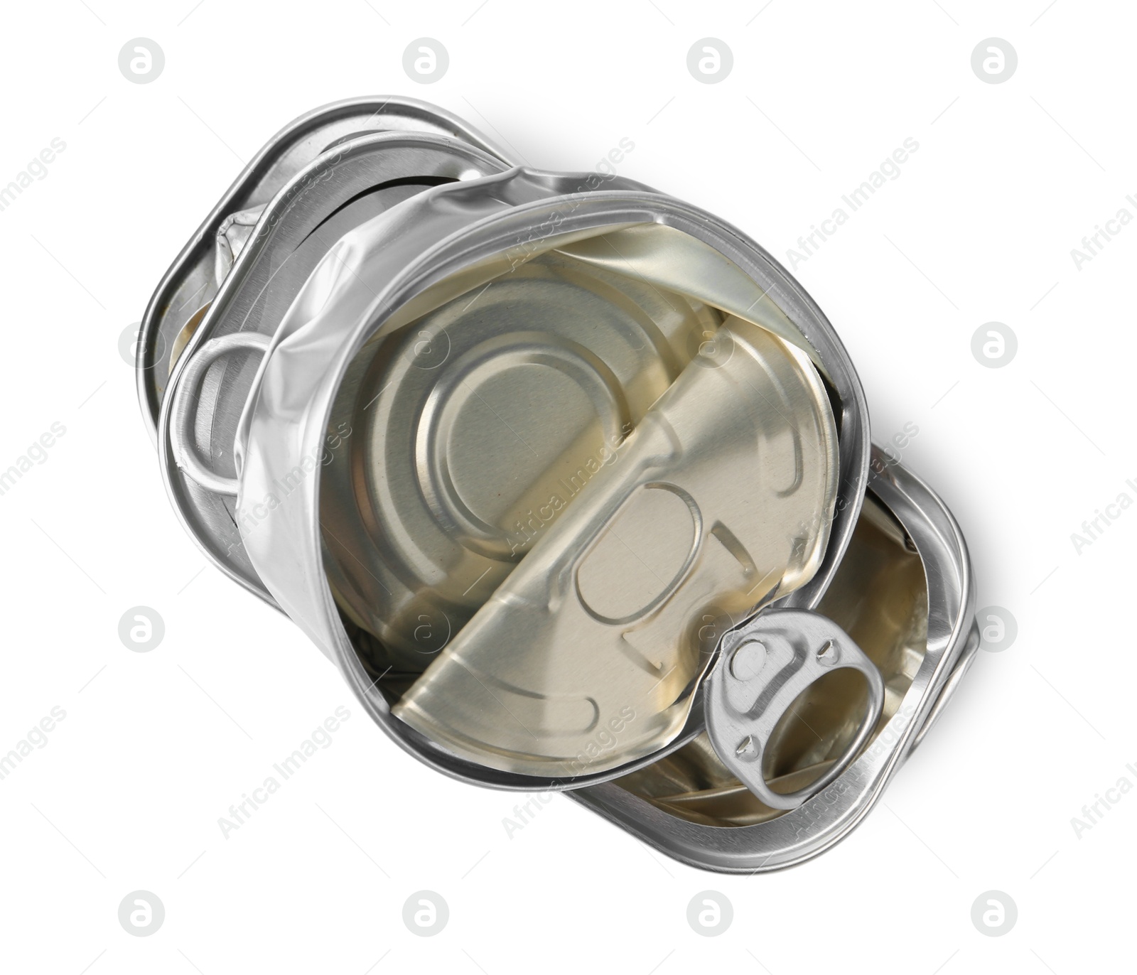 Photo of Three crumpled tin cans isolated on white, top view