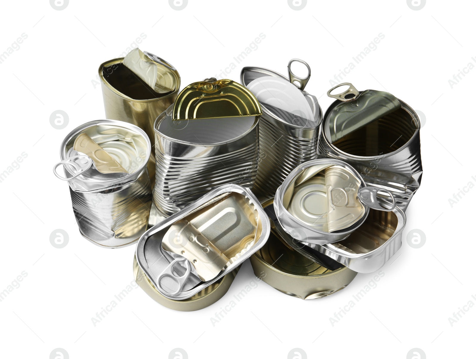 Photo of Many crumpled tin cans isolated on white