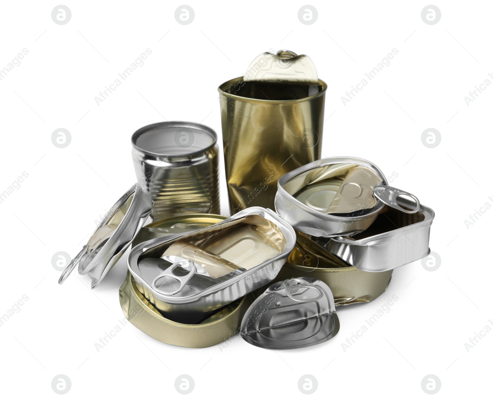 Photo of Many crumpled tin cans isolated on white