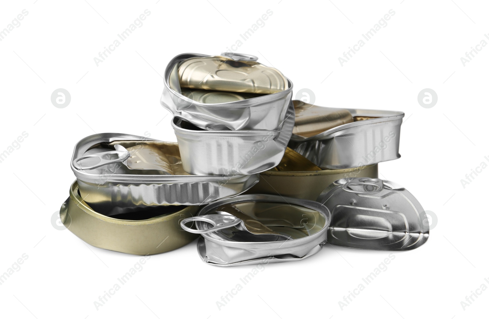 Photo of Many crumpled tin cans isolated on white