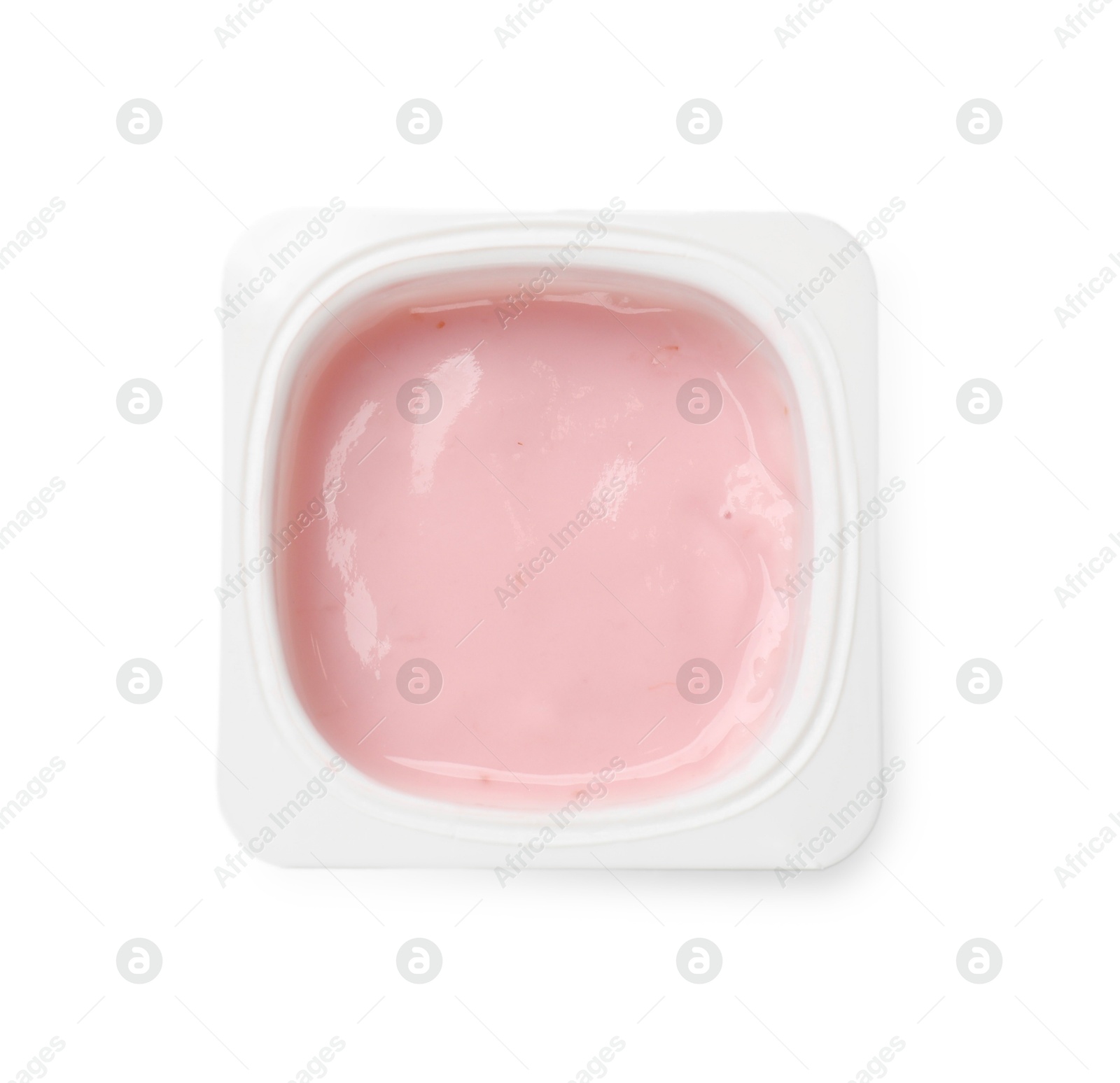 Photo of Delicious yogurt in plastic cup isolated on white, top view