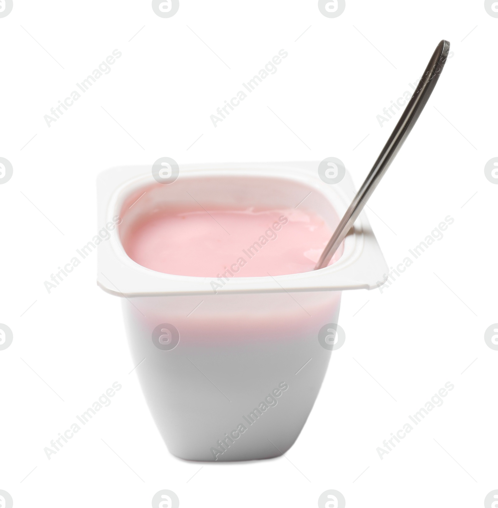 Photo of Delicious yogurt in plastic cup with spoon isolated on white