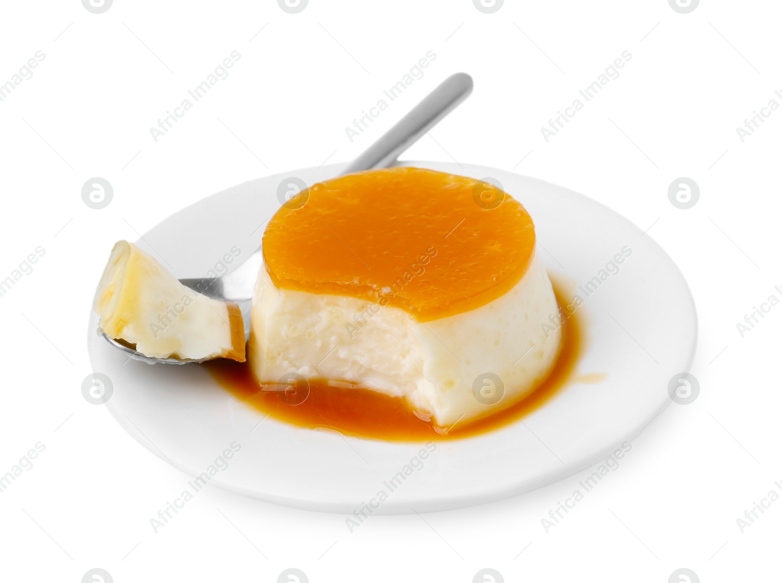 Photo of Tasty pudding with caramel sauce and spoon isolated on white