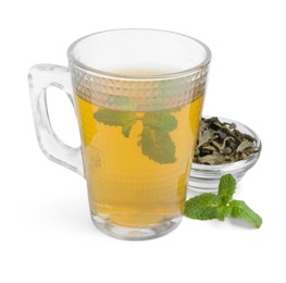 Photo of Aromatic mint tea, fresh and dried leaves isolated on white