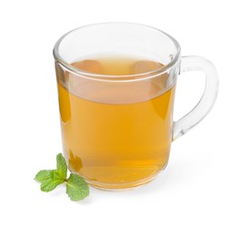 Photo of Aromatic mint tea and fresh leaves isolated on white