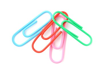 Photo of Many colorful paper clips isolated on white, top view