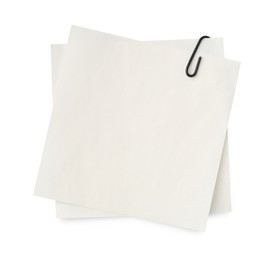 Photo of Blank paper note attached with clip isolated on white, top view