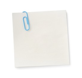 Photo of Blank paper note attached with clip isolated on white, top view