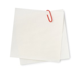 Blank paper notes attached with clip isolated on white, top view