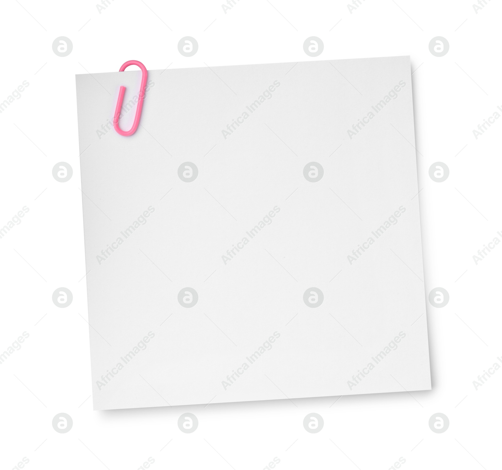 Photo of Blank paper note attached with clip isolated on white, top view